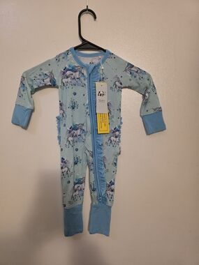 Unicorn Ruffle Zip One-Piece Pajamas - Light Blue